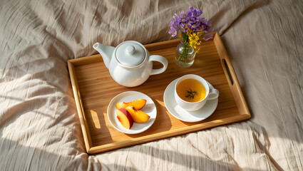 Summer Breakfast in Bed: Tea, Peaches, and Flowers