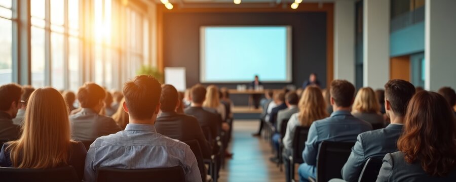 Audience listens speaker presentation conference hall. Business people attend meeting. Corporate training event, seminar, workshop. Modern education, technology, success, communication. Teamwork,