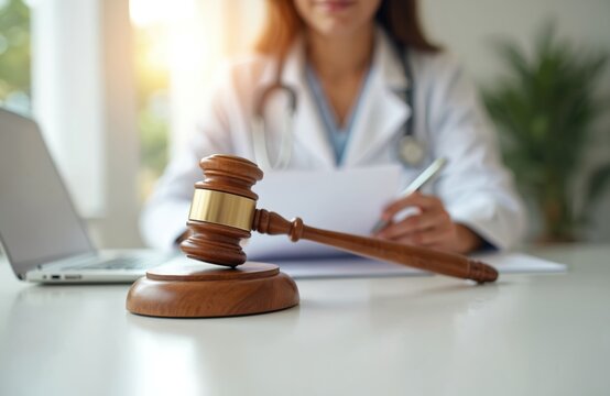 Wooden judge gavel on table. Female doctor does paperwork in office. Litigation, legal, forensic concept. Medicine, law, insurance, medic, order, counsel, contract. Healthcare business.