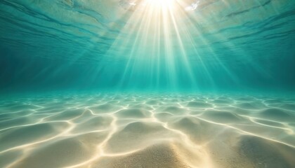 Sunlight penetrates turquoise water, casting rays down to sandy seabed. Underwater scene with sunburst, glare, creating beautiful, serene seascape. Transparent water over sand. Tranquil natural