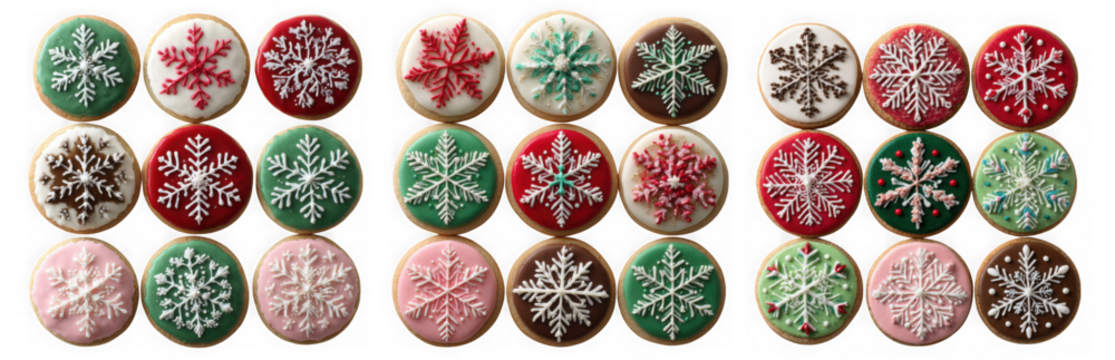 A collection of eighteen assorted snowflakeshaped christmas cookies in various colors isolated on transparent background