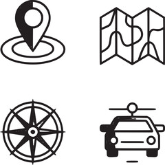 A set of four icons depicting a location pin, a map, a compass, and a car on a white background