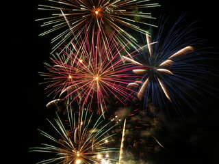 Fireworks, explosions, noise, colored lights, party, joy, strange, different show