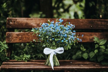 Bouquet of Blue Flowers Tied With a White Ribbon on a Rustic Wooden Bench in a Green Garden