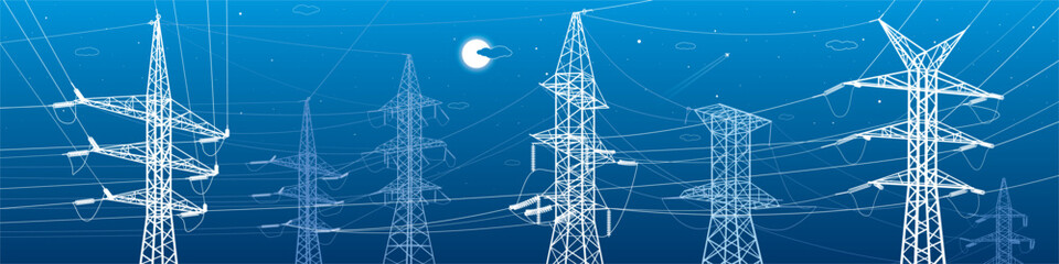 High voltage transmission systems. Electric pole. Power lines. Energy pylons. White outlines image on blue background. A network of interconnected electrical. Vector design illustration