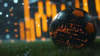 Futuristic soccer ball on grass at night with rain. - Powered by Adobe