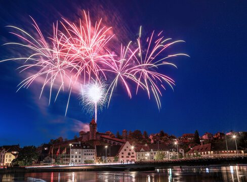Schaffhausen, an old Swiss city with firework in a summer evening