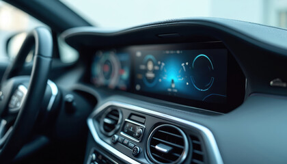 Modern car dashboard with digital screen displaying navigation data. Contemporary automobile interior features sleek design elements. Futuristic tech, modern interface, climate control vents.