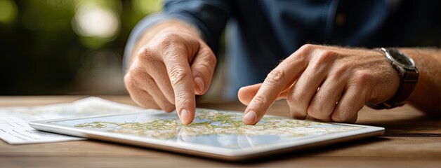 A hand points to a historic European map as another tablet displays modern digital maps, highlighting a contrast of navigation methods