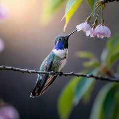 Obraz premium A photograph captures a vibrant hummingbird, perched delicately on a slender, dew-kissed cherry blossom branch. The hummingbird’s feathers shimmer with iridescent hues of sapphire blue and snow white