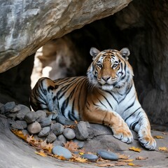 Fototapeta premium A photograph of a magnificent Bengal tiger resting on a pile of jagged grey rocks within a dimly lit cave.