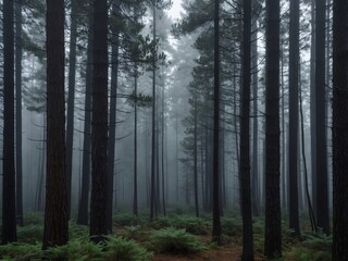 Fototapeta premium Dense pine forest enveloped in morning fog 
