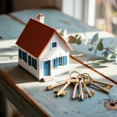  A photograph of a meticulously crafted miniature white house with a vibrant terracotta roof and cheerful blue shutters.
