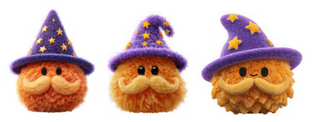 Three cute orange plush wizard toys with purple hats and mustaches, isolated on transparent background