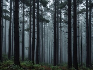Fototapeta premium Dense pine forest enveloped in morning fog 