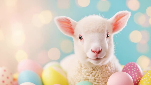A cute white lamb among colorful easter eggs on a pastel bokeh background. Easter and spring holiday concept. Footage for a religious greeting, children's event promotion or a family themed video