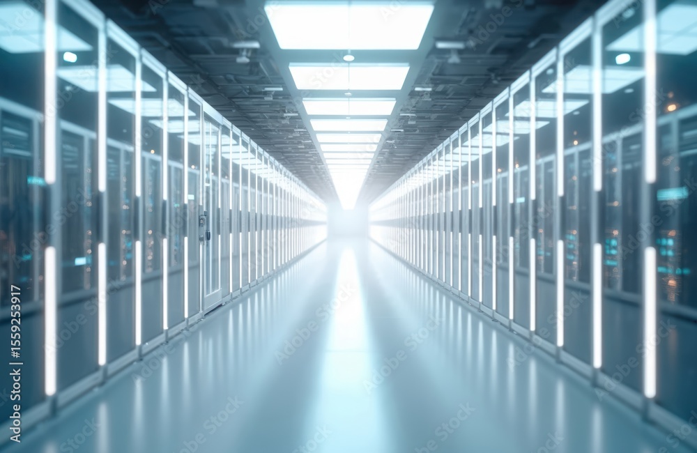 Aufkleber Futuristic data center corridor, glowing server racks framed by soft ambient light. Clean pro setup, perfect for tech, IT, data storage, cloud computing projects.