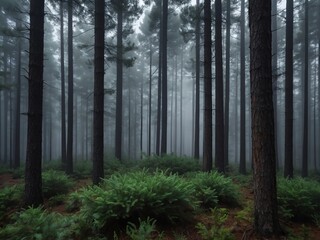 Obraz premium Dense pine forest enveloped in morning fog 