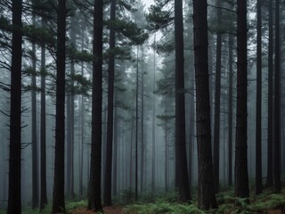 Naklejka premium Dense pine forest enveloped in morning fog 
