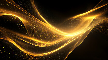 Elegant gold abstract wave with sparkling particles on black background for luxury designs and presentations