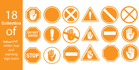 Yellow STOP icon set. Containing warning, prohibition, stop, hand, danger, no entry, alert, road, barrier sign. Flat vector illustration.