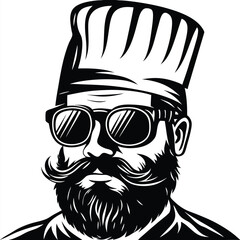Bearded chef sports sunglasses and a hat in this bold black and white image