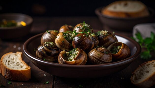 Escargots de Bourgogne with Garlic Butter. Traditional French Food