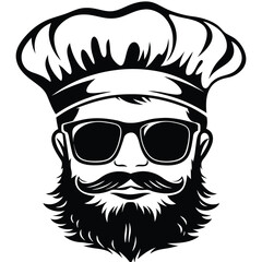 Bearded chef wears glasses and a toque in a black and white drawing