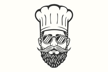 Bearded chef with round sunglasses wears a tall chef hat in monochrome
