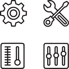 Four icons depicting a gear, wrench and screwdriver, temperature gauge, and equalizer sliders