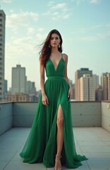 Brunette woman in emerald green dress poses on rooftop with city background. Stylish model shows fashion collection. Elegant look, luxury design. Modern style, trendy, sexy outfit. © miss irine