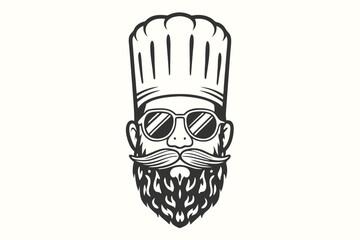 Bearded chef wearing sunglasses and a toque hat looks distinctive and fashionable
