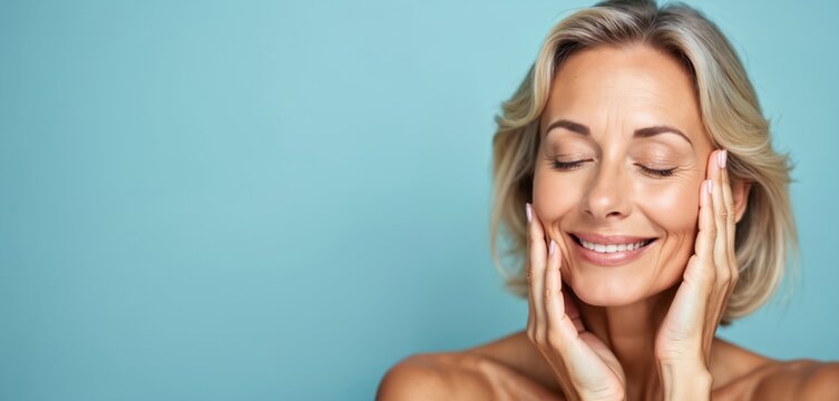 Beautiful middle aged woman with closed eyes touches face skin. Smiling female with perfect skin, facial anti-aging treatment, wellness spa advertising concept. Aging, beauty, skincare products demo