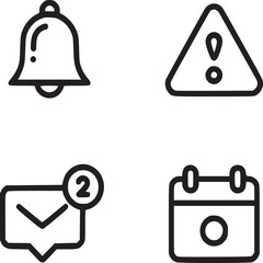 Icon set featuring a bell, warning sign, message with number two, and a calendar illustration