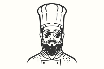 Bearded chef wears sunglasses and a tall hat, displaying culinary flair with sophistication