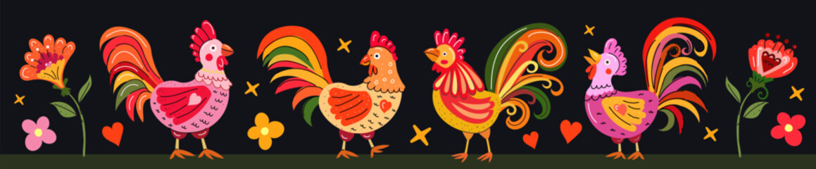 Colorful Polish folk roosters and flowers bright vector illustration in traditional style perfect for prints cards fabric packaging and home decor