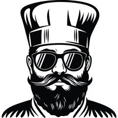 Black and white features a bearded chef wearing cool sunglasses and a hat