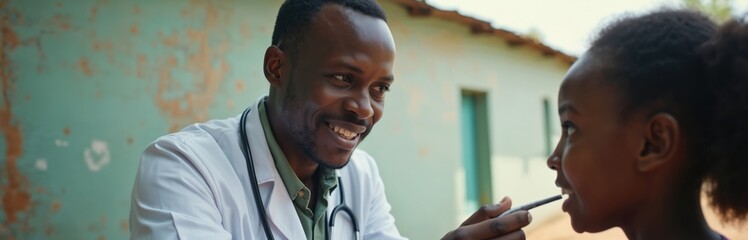 Smiling doctor provides medical care to young girl. Healthcare professional examines patient throat during humanitarian mission. Focus on helping people in need, medicine and health in remote area.