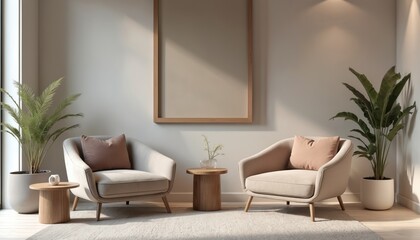 Modern living room interior design. Two armchairs with cushions, side tables. Plants add natural element. Cozy atmosphere. Design focus on comfort. Minimalist style, luxury apartment.
