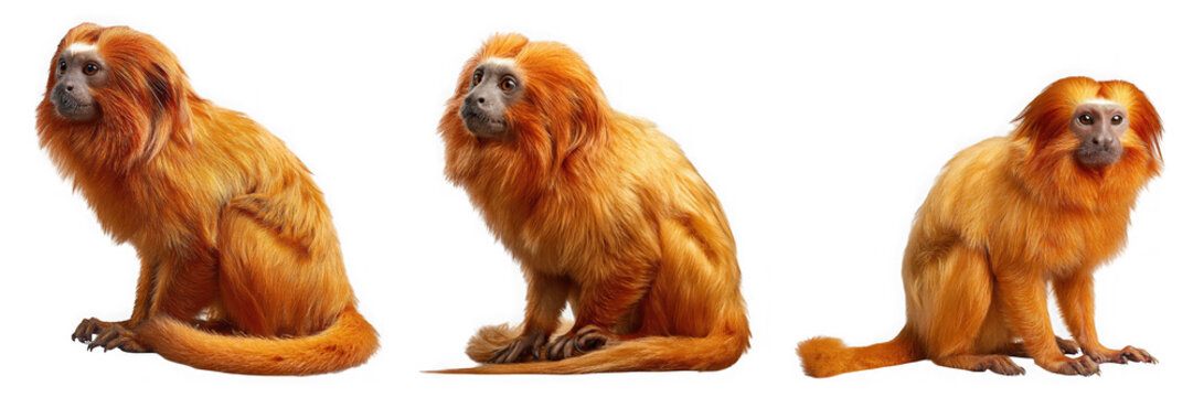 Three adorable golden lion tamarins are sitting, isolated on transparent background