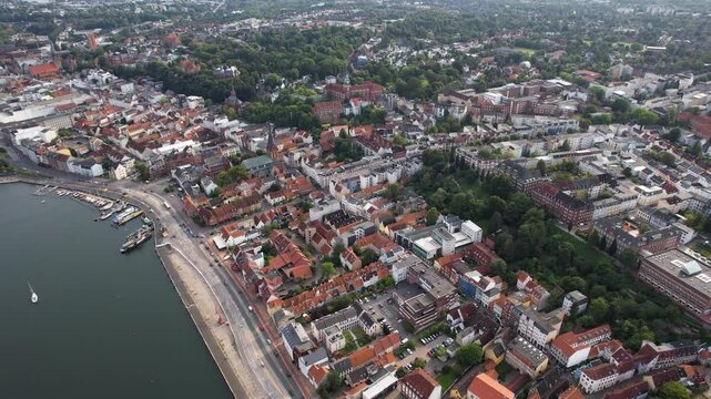Aerial view of the old town of the city Flensburg in Germany on an sunny spring afternoon

