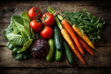 Colorful array of freshly harvested vegetables including tomatoes, cucumbers, carrots, and lettuce on rustic wooden table