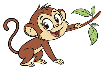 Adorable cartoon monkey smiles and reaches for a leafy branch in playful animation