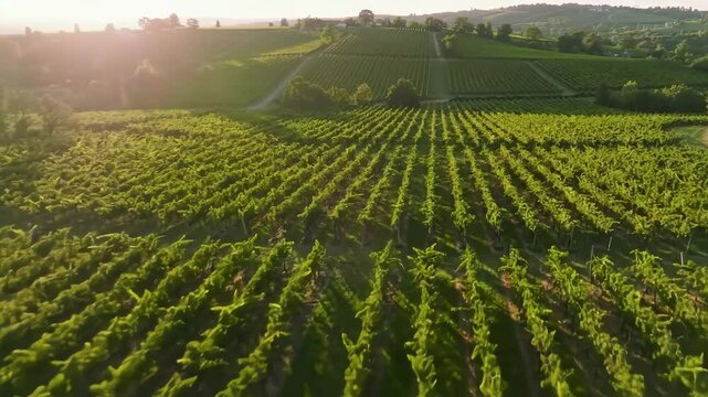 Aerial view flying over green vineyard rows on rolling hills at sunset