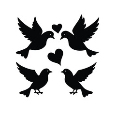 Set of black different style vector love birds silhouette