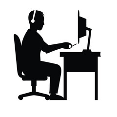 Silhouette of a gamer streaming online in a dark room. on white background