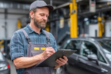 A mechanic in a workshop examines a vehicle while taking notes on a clipboard, ensuring proper maintenance and service