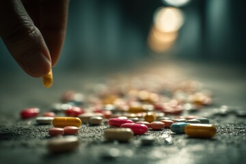 Fototapeta premium A hand reaches for a yellow pill among a colorful spread of various capsules and tablets on a textured surface illuminated by soft light