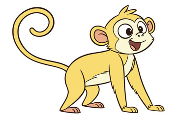 A cartoon yellowish monkey with a delightful smile stands on a white background