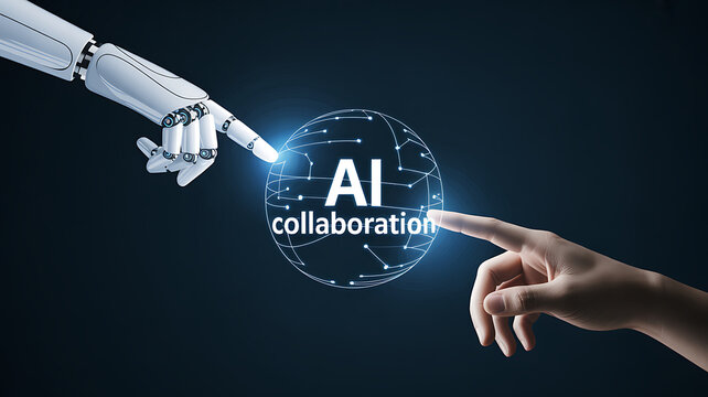 Robot hand human finger touching digital sphere isolated on a transparent background